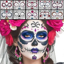 Day of the Dead Face Tattoos 10 Pack Halloween Temporary Face Tattoos Sugar Skul - £16.56 GBP