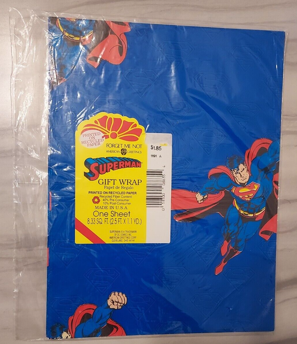 NOS American Greetings Vintage Superman Gift Wrap Blue Wrapping Paper DC Comics - $9.89