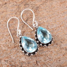 Blue Topaz Gemstone 925 Silver Earring Handmade Jewelry Earring For gift... - $11.61