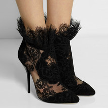 British Fashion Women Autumn Booties Sexy Pointed Toe Ankle Boots Black Lace Hig - £149.65 GBP