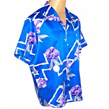Vintage Nani Hawaii Blue Geometric Orchids Hawaiian Aloha Polyester Shirt Large - £125.85 GBP