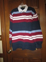 Vintage Nautica Burgundy, White, Blue &amp; Navy Striped LS Polo Shirt - Size L - £23.18 GBP