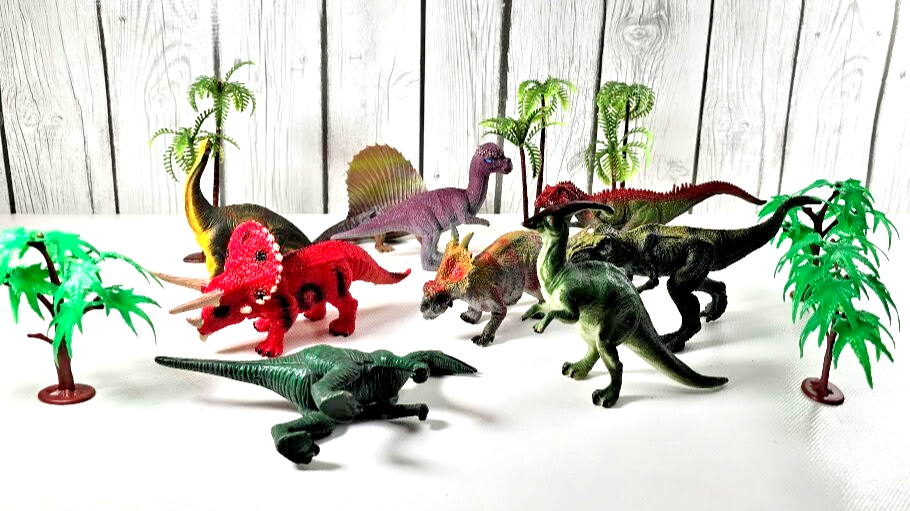 Dinosaur Toy Lot of 9 Figures with 6 Trees Plastic Prehistoric Play Set Jungle Item image 2