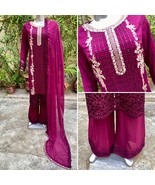Pakistani Magenta  Straight Style Embroidered Sequins 3pcs Chiffon Dress,XL - $123.75
