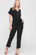 Polagram Jumpsuit Black Medium Short Sleeve Front Zipper V-Neck Tie - $29.00