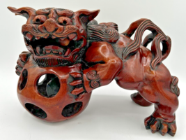 Vintage Lg Hand Carved Chinese Wood Foo Dog with Floating Ball Mouth Orb... - £236.06 GBP