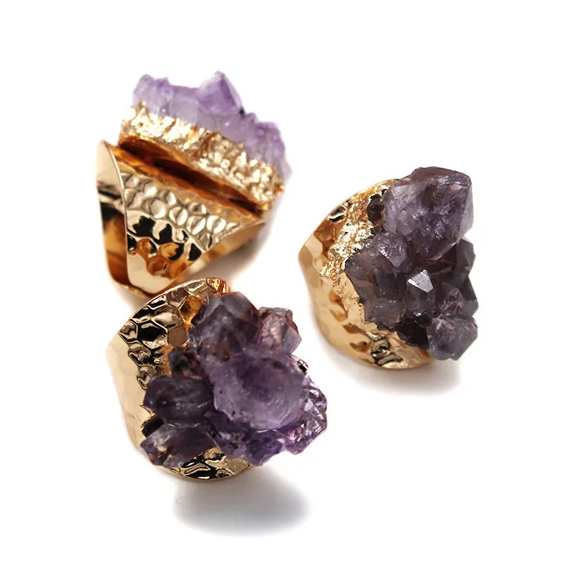 Unpolished Raw Natural Quartz Purple Crystal Cluster Rings for Women - £13.77 GBP