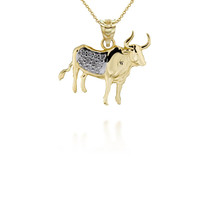 10K Solid Gold Two Tone Chinese Lunar Year of the Ox Diamond Pendant Necklace - £110.08 GBP+