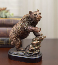 Grizzly Bear Climbing On River Rock Statue 6.25&quot;Tall Bronze Electroplated Resin - £31.09 GBP
