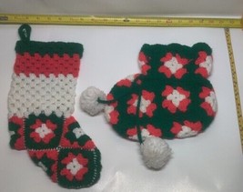 Lot 2X Vintage Crochet Christmas Stocking Handmade Granny Square - £10.48 GBP