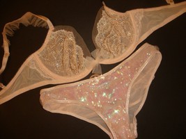 Victoria&#39;s Secret unlined 32D BRA SET ruffle panty Peach Gold BEADED embellished - £63.38 GBP