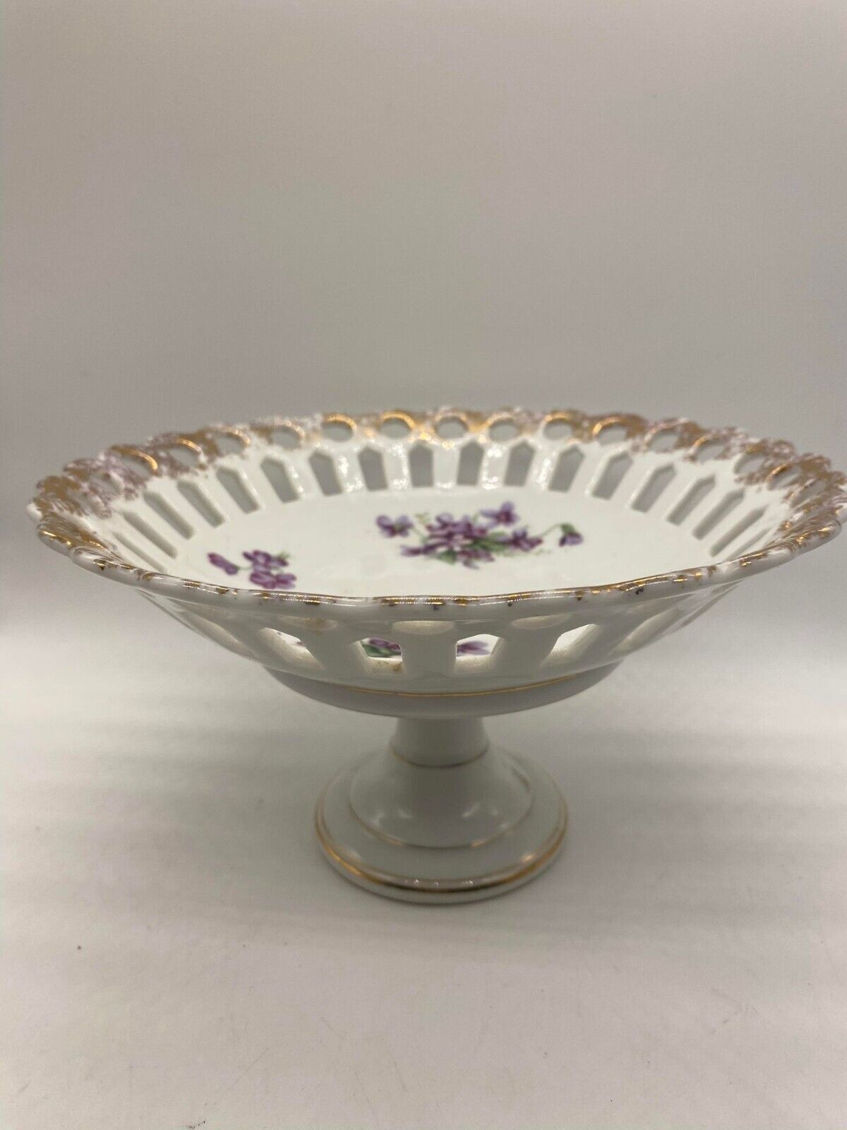 Vintage Royal Sealy White Porcelain Pedestal Bowl with Violets - $14.85