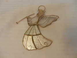 Small Christmas Hanging Ornament Angel With Horn Wrapped in Gold Wire, Mica - £11.98 GBP