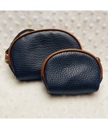 Vintage 80s Navy Blue Textured Leather Wristlet &amp; Coin Purse w/ Brown Ac... - $14.85