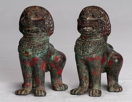 Antigüedad Khmer Estilo Bronce Standing Templo Guardianes O Lions - 12cm/12.7cm - £399.54 GBP