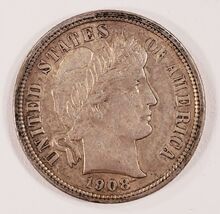 1908-D 10C Barber Dime in AU Condition, Some Light Toning, Nice Luster - $145.95