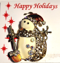 Vintage Christmas Snowman &amp; Shovel  Gold tone Enamel Rhinestones Brooch - £15.67 GBP