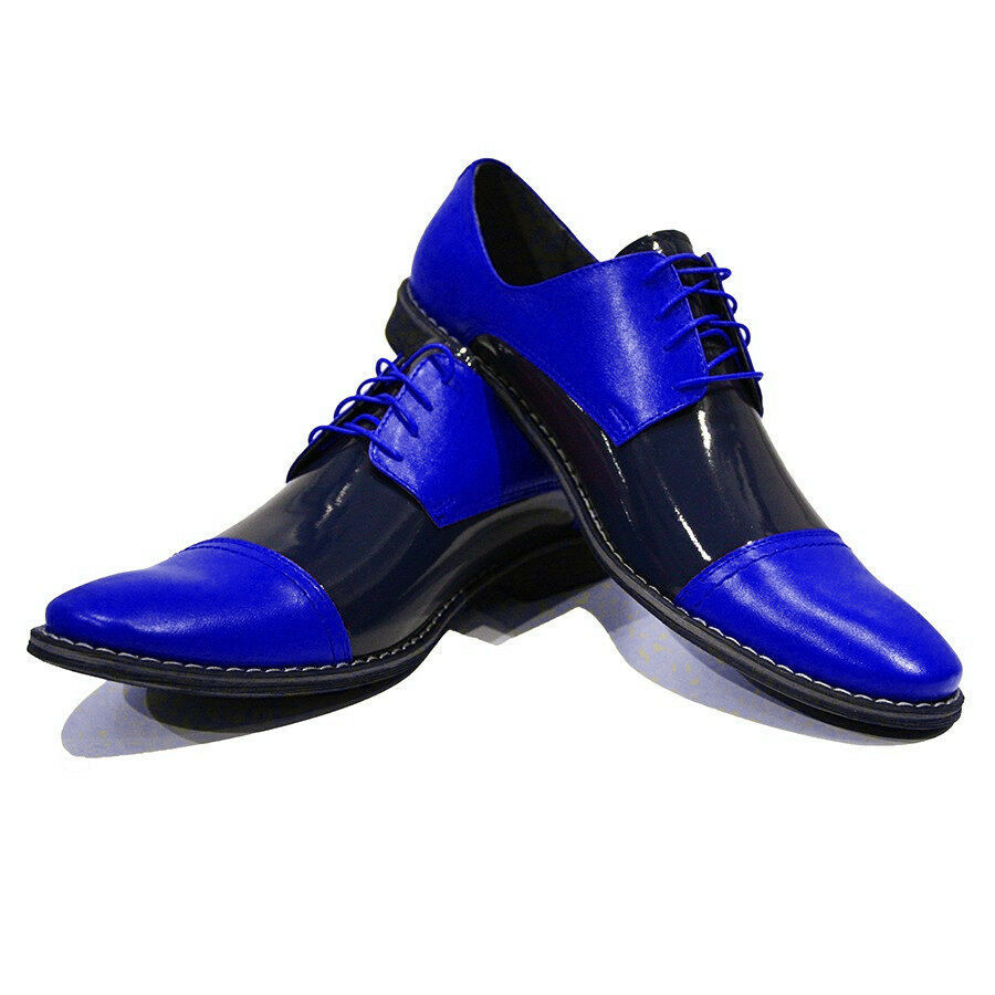 New Shoes Blue Black Cont Patent Genuine Leather Cap Toe Laceup Men's Fashion