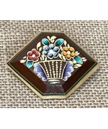 Hand Painted Floral Wood Brooch Pin Hexagon Cottage Grandma Granny Core - $10.89