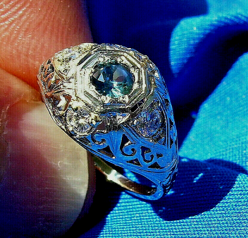 Earth mined Sapphire Diamond Deco Engagement Ring Vintage Solitaire 14k Gold Item image 8