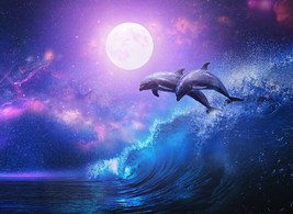 Framed canvas art print giclée Night ocean dolphins waves tropical full moon - £30.95 GBP+