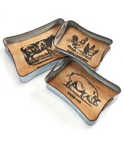 Nestled Trays Set of 3 Metal Cork Base Farm Animals Cow Pig Chicken with Handles