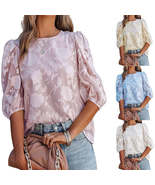Women&#39;s Puff Sleeve Chiffon Loose Top Flower Texture Shirt - £7.80 GBP+