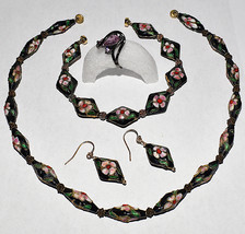 Vintage Murano Venetian Glass Bead 3pc Floral Necklace Set Black Green Pink Gold - £55.02 GBP