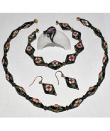 Vintage Murano Venetian Glass Bead 3pc Floral Necklace Set Black Green P... - £54.52 GBP