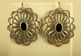 Vtg Sterling Sign 925 Southwestern Navajo Onyx Stone Floral Concho Stud ... - £58.38 GBP