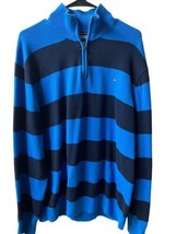 Tommy Hilfiger Quarter Zip Sweater Mens XXLG Blue Striped Mock Neck Acad... - $19.45