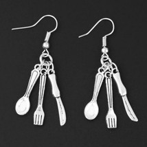 Cutlery Earrings 1.8&quot; Food Foodie Knife Fork Spoon Drop Stainless Steel Wires - £6.45 GBP