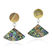 Trendy Upside-Down Fan Shaped Mosaic of Abalone Shell Dangle Earrings - £8.71 GBP