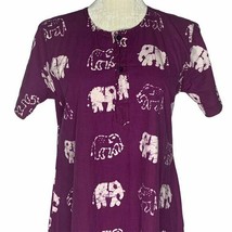 Batik Bohemian Maxi Dress Purple Elephants S Buttons Round Neck Long Boho - £18.52 GBP