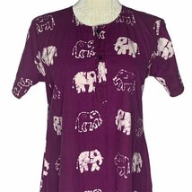 Batik Bohemian Maxi Dress Purple Elephants S Buttons Round Neck Long Boho - £18.56 GBP