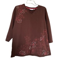 Denim &amp; Co. Womens Top Brown Sz Large Cotton Stretch Floral Print Embroi... - $15.72