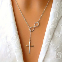 Infinity Cross Pendant Drop Necklace Silver - £9.80 GBP