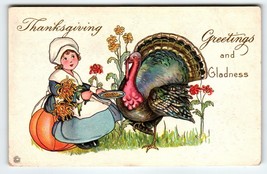 Thanksgiving Postcard Turkey Dutch Girl Greetings Stecher Series 407D Vintage - £7.23 GBP