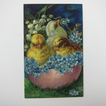Easter Postcard Yellow Chicks Hatch Pink Egg Blue Flowers Gold Embossed Antique - £11.79 GBP