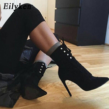 New Flock Ankle Boots Women For Autumn Winter Fashion Pointed Toe Thin Heels Zip - £41.68 GBP