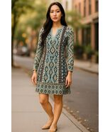Hale Bob Dress Small Blue Beige Geometric Print Tunic Long Sleeve Stretc... - €54,85 EUR