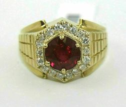 14K Yellow Gold Finish 3.00 Ct Round Red Ruby Diamond Halo Solitaire Men Ring - £73.91 GBP