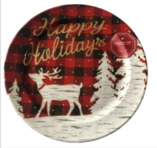 Balsam Fir Reindeer Christmas Melamine 11&quot; Dinner Plates Happy Holidays ... - £46.17 GBP