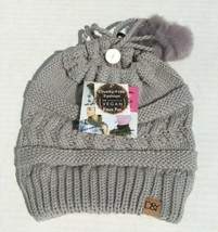 Ponytail Beanie Gray Knit High Bun Beanie Hat With Adjustable Pom Pom String #W  - £15.97 GBP