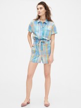 Gap Sz 14 Short Sleeve Plaid Romper Drawstring Waist Pockets Button Down - $311.86 MXN