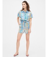 Gap Sz 14 Short Sleeve Plaid Romper Drawstring Waist Pockets Button Down - €14,40 EUR