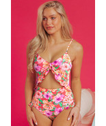 Red Floral Ruffle Trim Cutout Knotted One Piece Swimsuit - €13,21 EUR