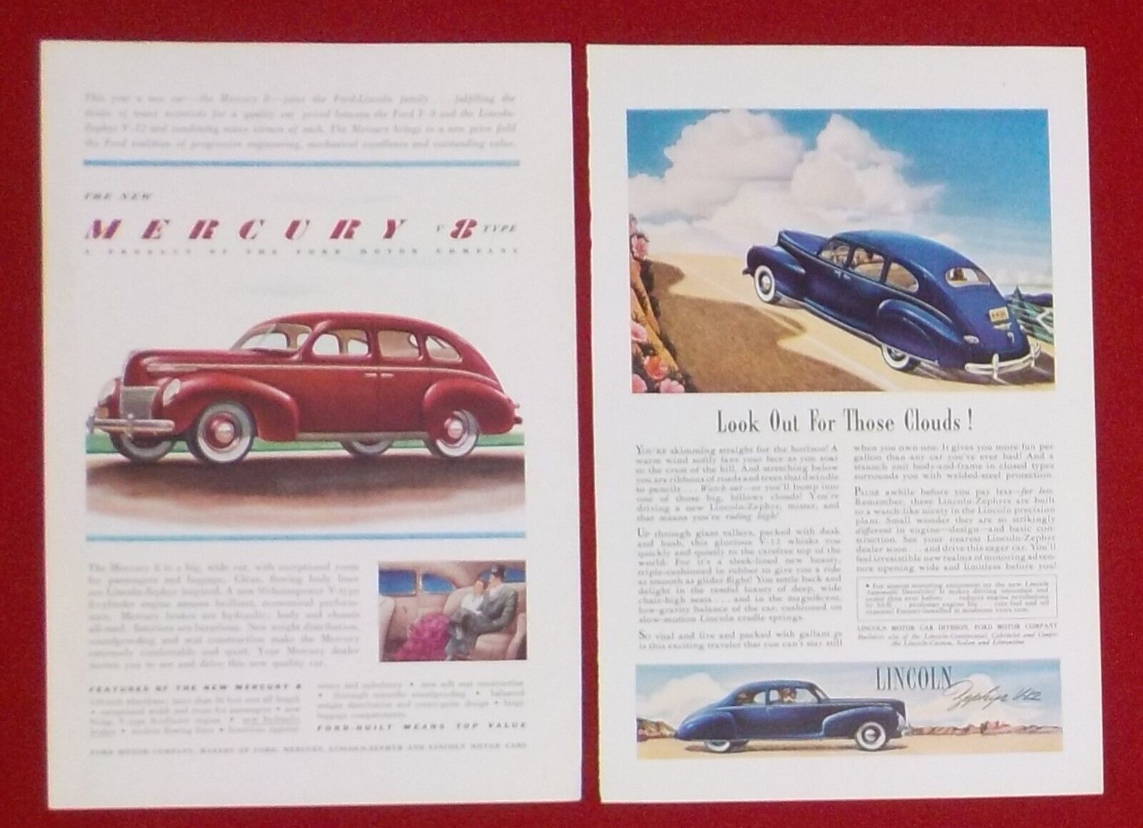 Lot of 2 Color Magazine Car / Automobile Print Ads 1939 MERCURY, 1941 LINCOLN A1 - £4.66 GBP