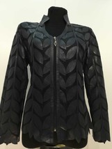 V Neck Black Soft Genuine Leather Leaf Jacket Womens All Sizes Zipper Sh... - $225.00