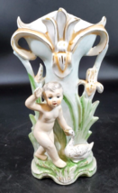 Vintage Porcelain 8&quot; Vase Cherub Boy with Duck Hand Painted Gold Leafing - £34.82 GBP
